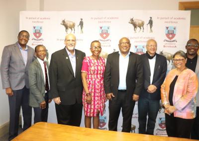 From right to left: Dr Sikhulile Moyo -Laboratory Director BHP, Joe Makhema-CEO BHP, Prof Salim Karim-Director CAPRISA, Prof Oathokwa Nkomazana-Dean Faculty of Medicine UB, Prof David Norris- Vice Chancellor UB, Judge Rahim Khan-High Court Judge Botswana, Prof Quarraisha Abdool Karim-Associate Director CAPRISA, Prof Ishmael Kasosve-Dean Faculty of Health Sciences UB.(Photo©UB)