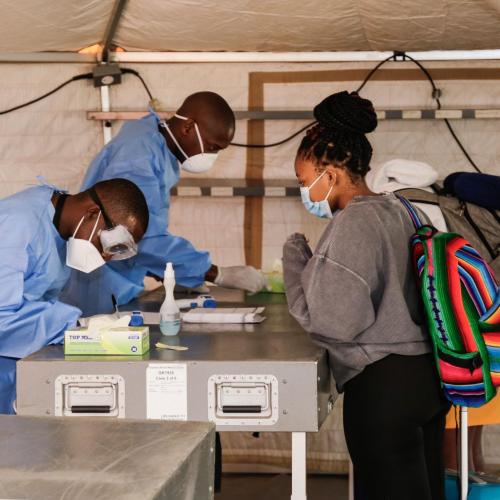 Passengers register their information on arrival at Sir Seretse Khama International Airport in Gaborone, Botswana, June 3, 2020. Xinhua via Getty/Photo by Tshekiso Tebalo